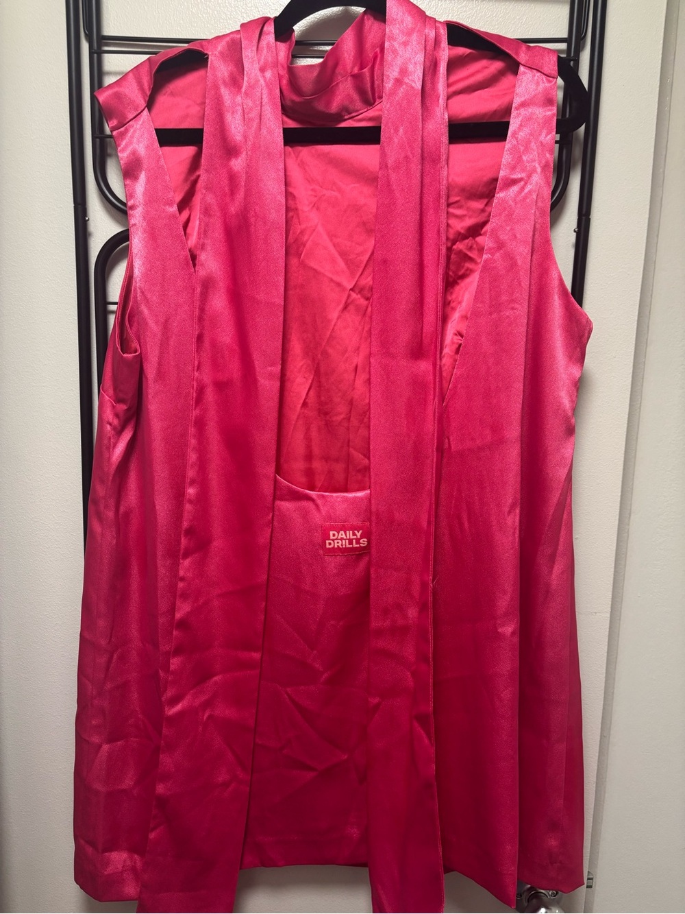 Daily Drills Silky Mini Dress with Neck Tie - Hot Pink - Picture 4 of 5